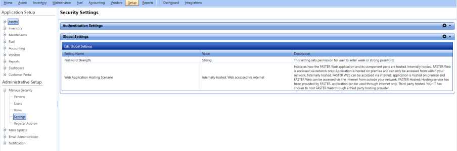 Global settings page